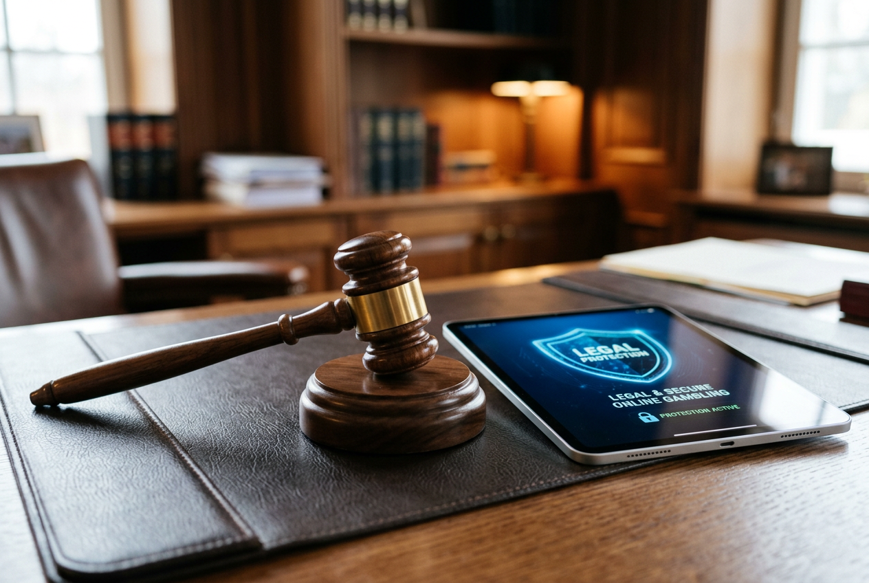 Conceptual image of a wooden gavel and a digital shield representing legal safety