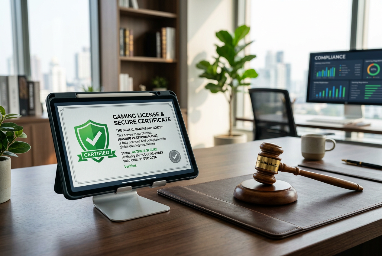 A digital tablet showing a security certificate next to a gavel representing regulation.