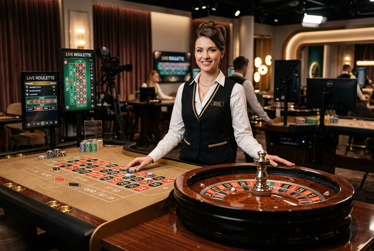 A professional live dealer at a luxury roulette table.