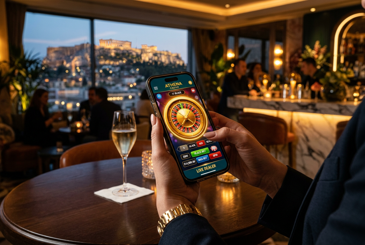 Modern smartphone displaying a casino app with a Greek theme